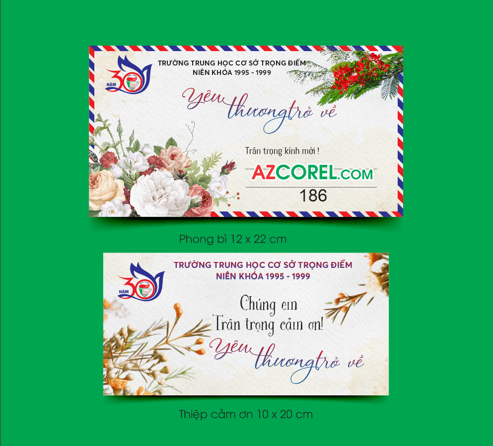Phong bì và thiệp cảm ơn kỷ niệm 30 năm thành lập trường