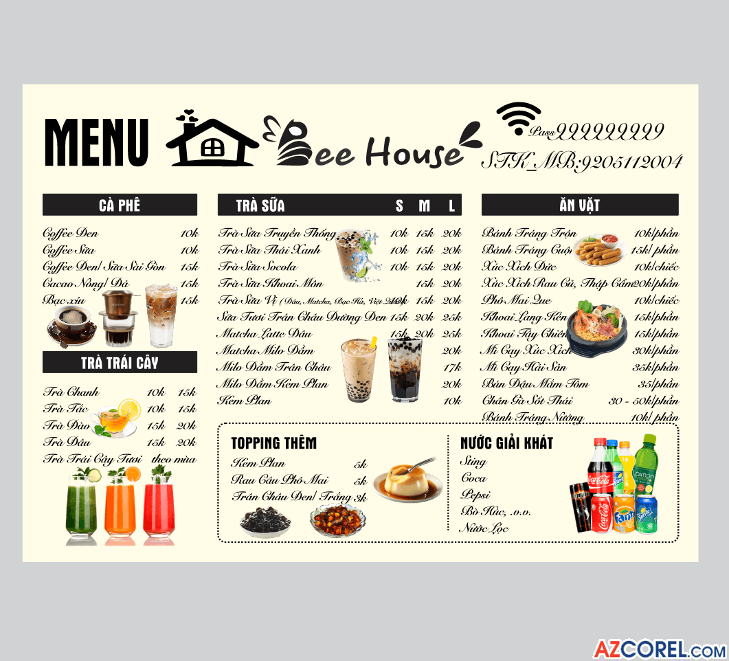 Mẫu thiết kế menu Bee House quán nước Vector