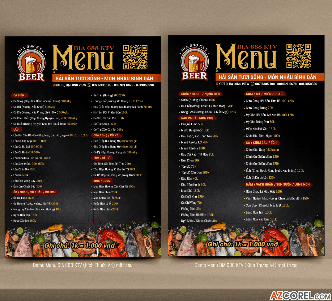 Menu BIA 688 KTV Hải sản tươi sống file corel