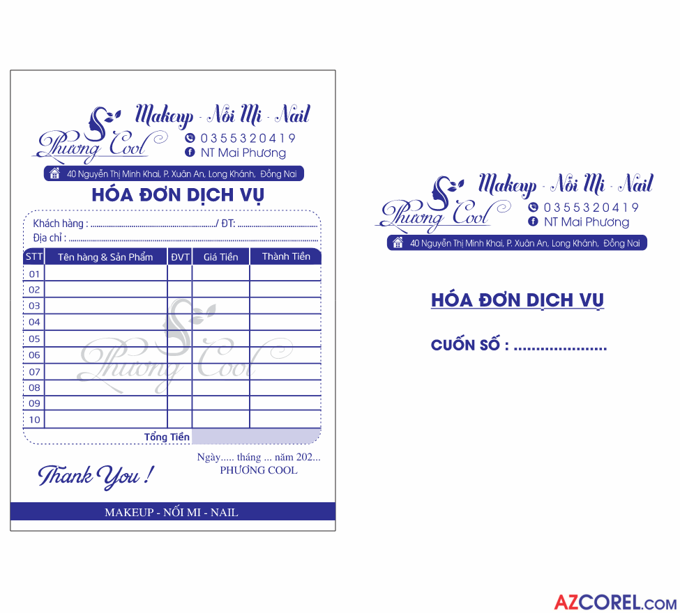 Hóa đơn dịch vụ makeup nối mi nail Phương Cool