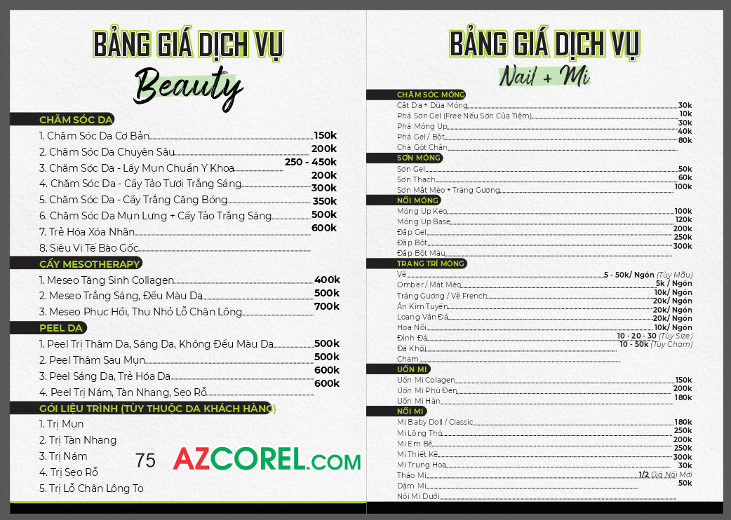 Mẫu bảng giá dịch vụ Beauty Salon Thúy Hậu file corel