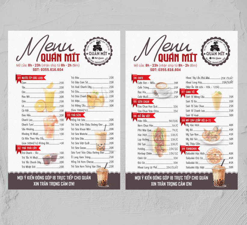 Mẫu thiết kế menu Quán Mít - trà sữa - đồ ăn vặt