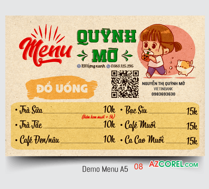 Mẫu thiết kế menu QUỲNH MỠ - bánh mì - ăn vặt