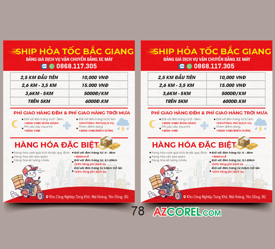 Bảng giá ship hỏa tốc Bắc Giang file CorelDRAW