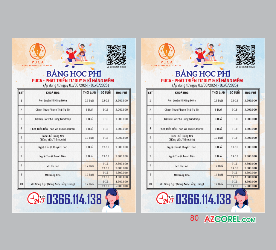 Bảng học phí PUCA Phát triển tư duy & Kĩ năng