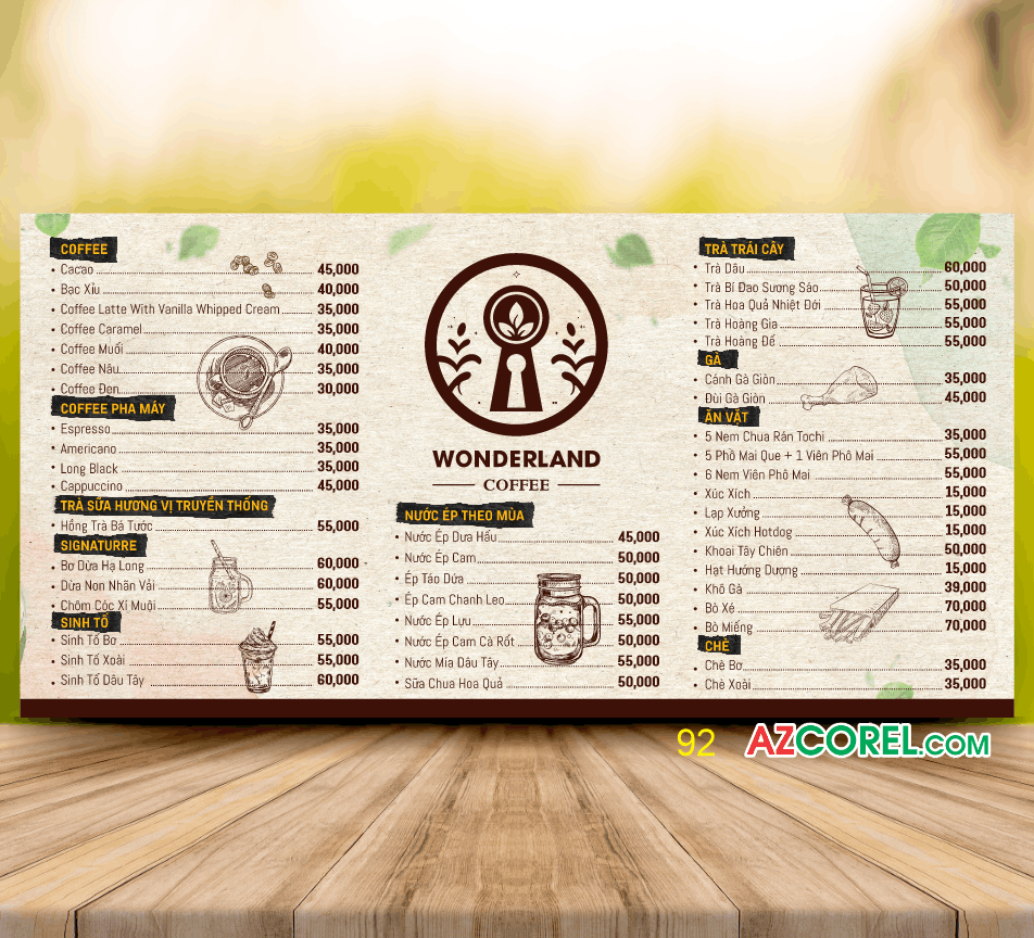 Mẫu menu quán WonderLand Coffee file CorelDRAW x7