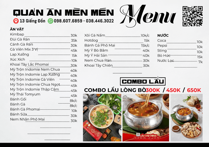 Mẫu demo menu ăn vặt quán ăn Mèn Mén