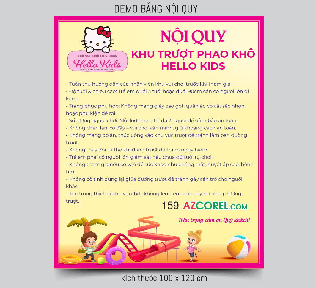 Bảng nội quy Khu trượt phao khô Hello Kids