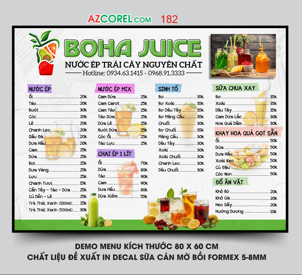 Menu Bonha Juice - nước ép trái cây nguyên chất