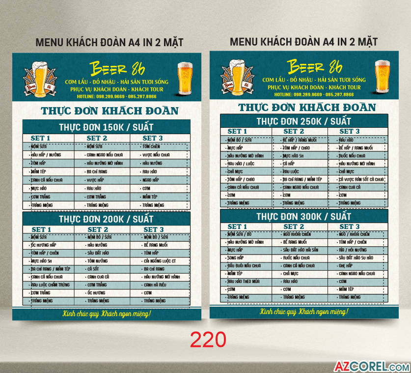 Menu Beer 86 thực đơn khách đoàn file corel