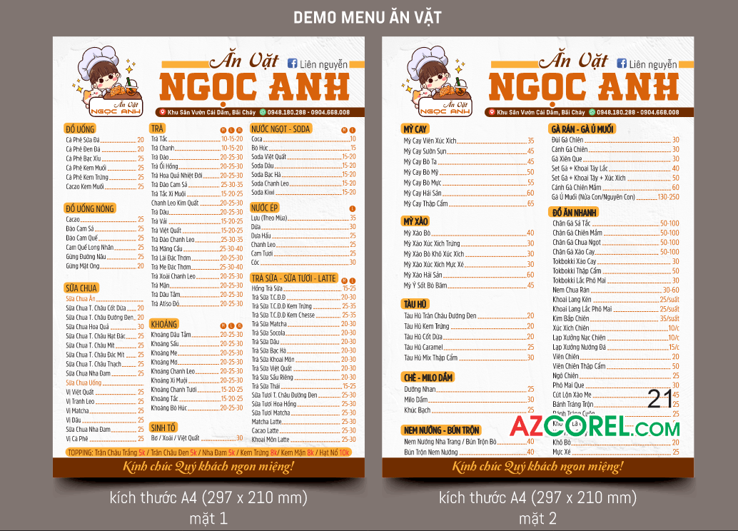 Mẫu thiết kế menu cho Quán ăn vặt Ngọc Anh
