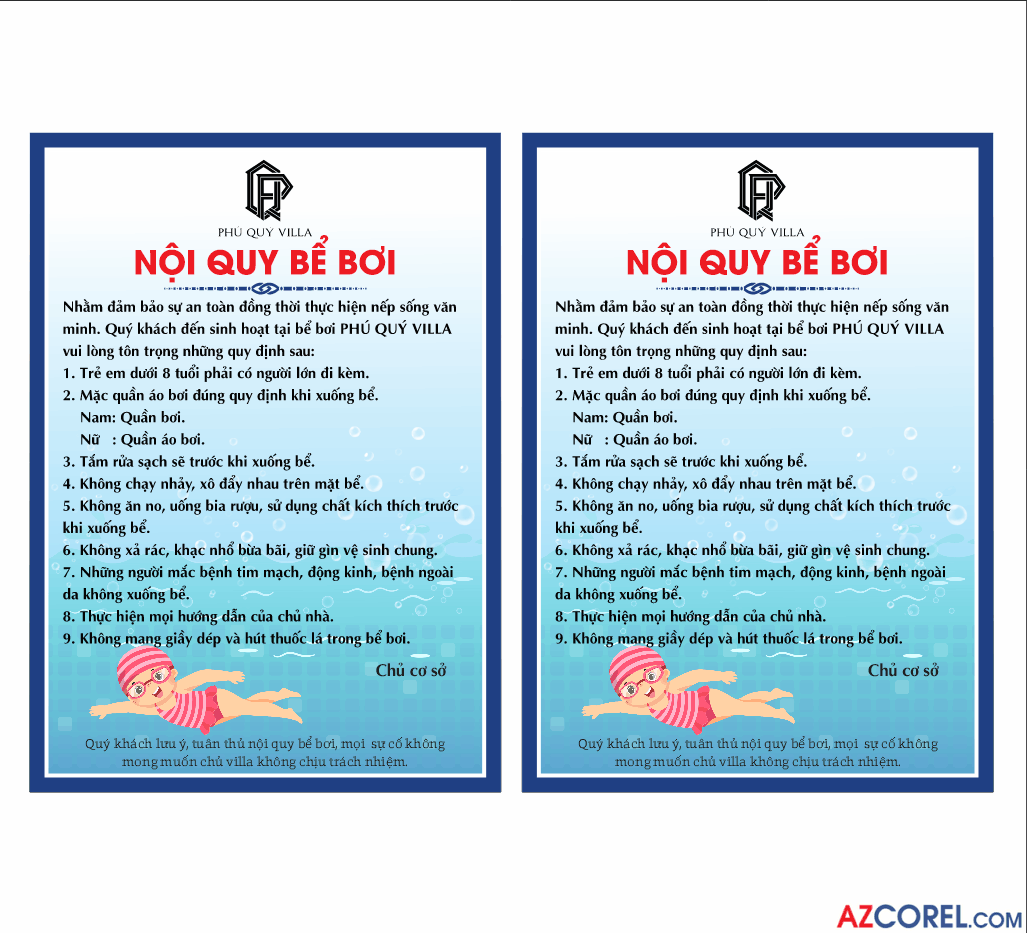 Bảng nội quy bể bơi Phú Quý Villa file Corel x7
