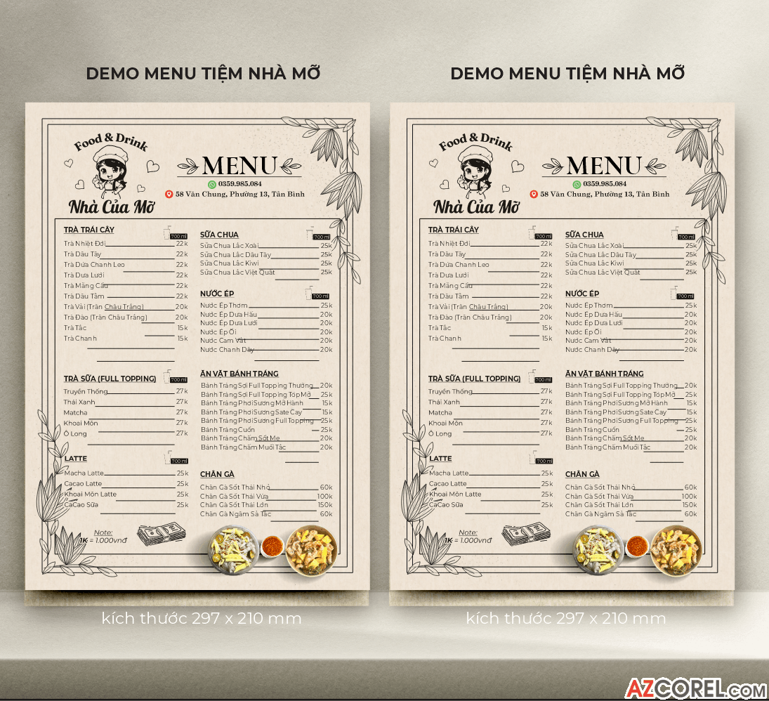 Mẫu thiết kế menu Tiệm nhà mỡ file corel x7