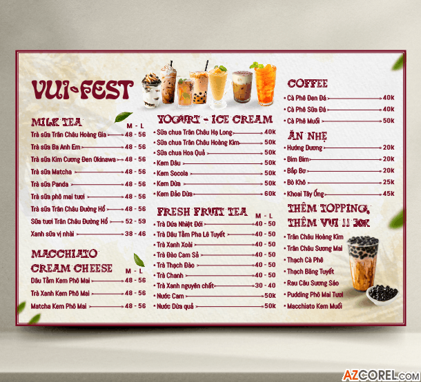 Menu Vui-Fest đồ uống milk tea coffee file corel