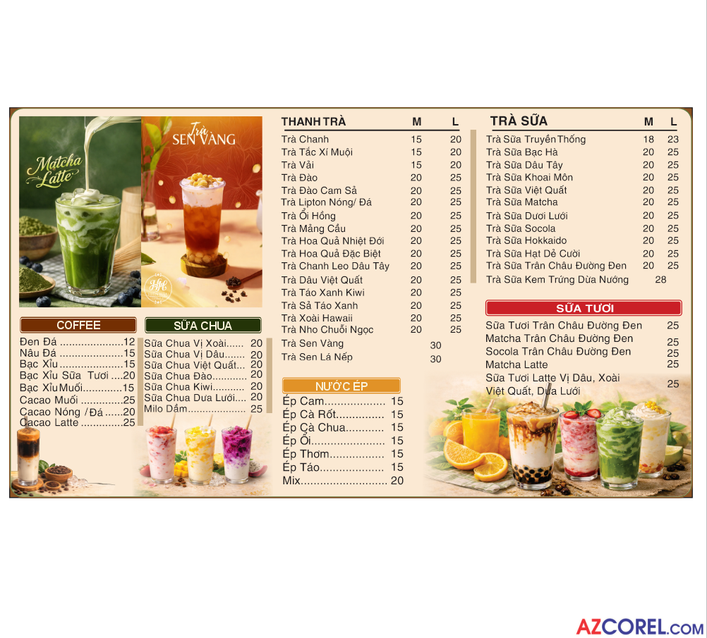 Mẫu menu coffee sữa chua nước ép trà sữa