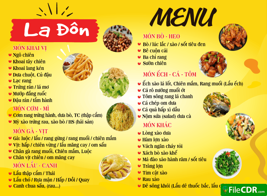 Mẫu demo menu nhà hàng quán ăn 2026 file cdr