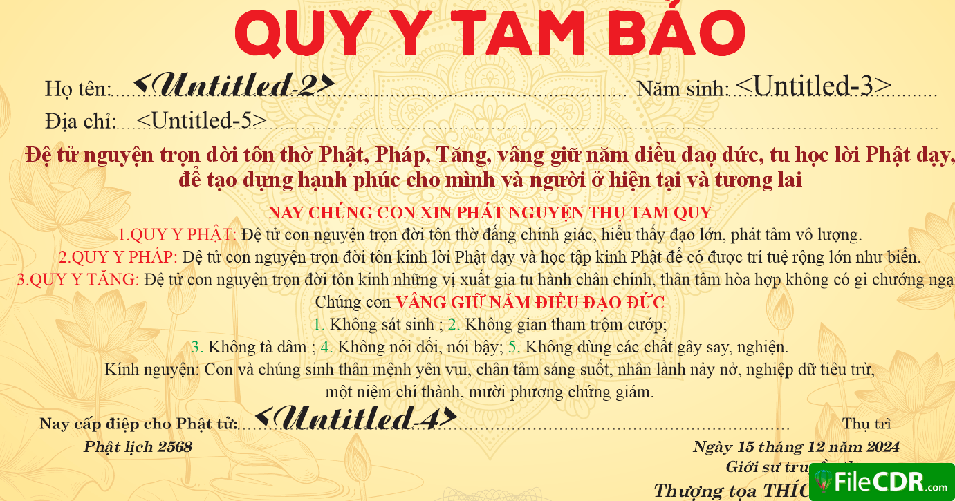 Mẫu chứng điệp Quy Y Tam Bảo file vector corel x7